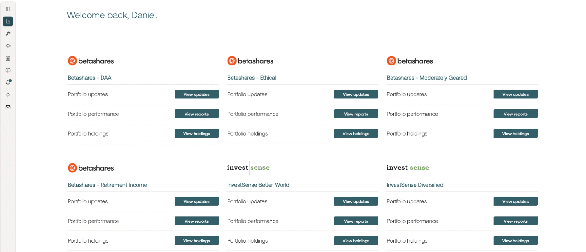The Trellia Adviser Portal home page, listing model portfolio suites with links to portfolio updates, performance reports and holdings